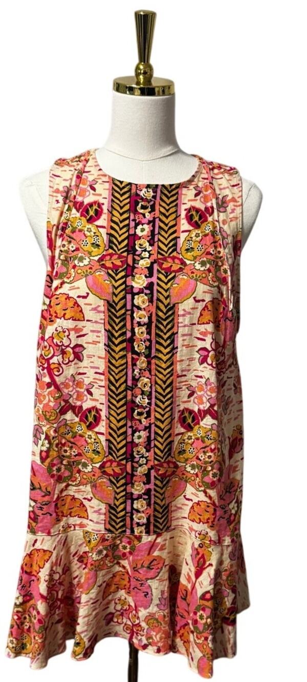 Free People Summer in Tulum Mini Dress Floral Linen Blend Open Back Ruffle Hem L